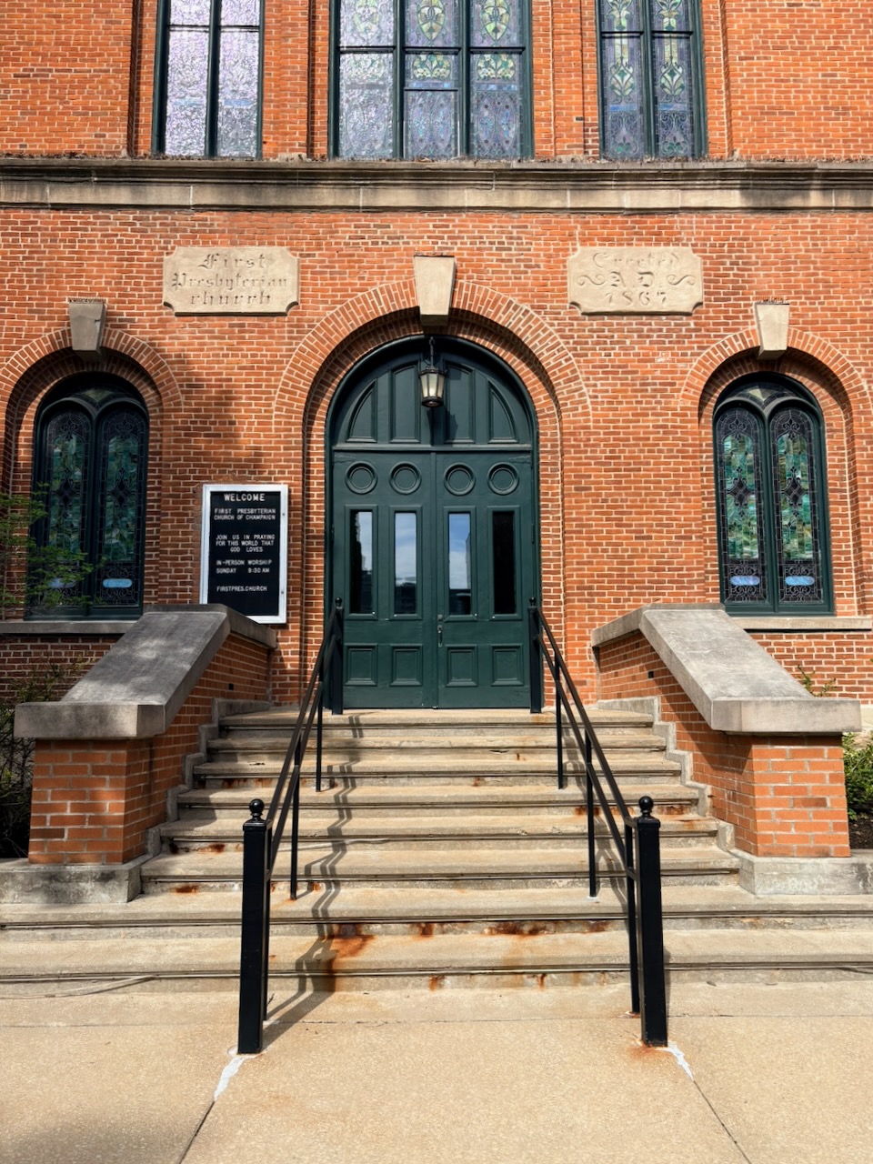 The exterior of the church building facing west, i.e. the main entrance.